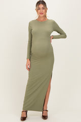 Light Olive Ribbed Long Sleeve Side Slit Maternity Maxi Dress