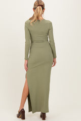 Light Olive Ribbed Long Sleeve Side Slit Maternity Maxi Dress