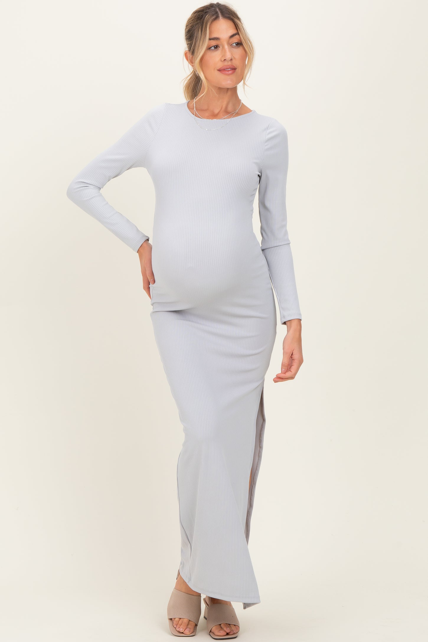 Light Grey Ribbed Long Sleeve Side Slit Maternity Maxi Dress PinkBlush Light Grey Ribbed Long Sleeve Side Slit Maternity Maxi Dress PinkBlush