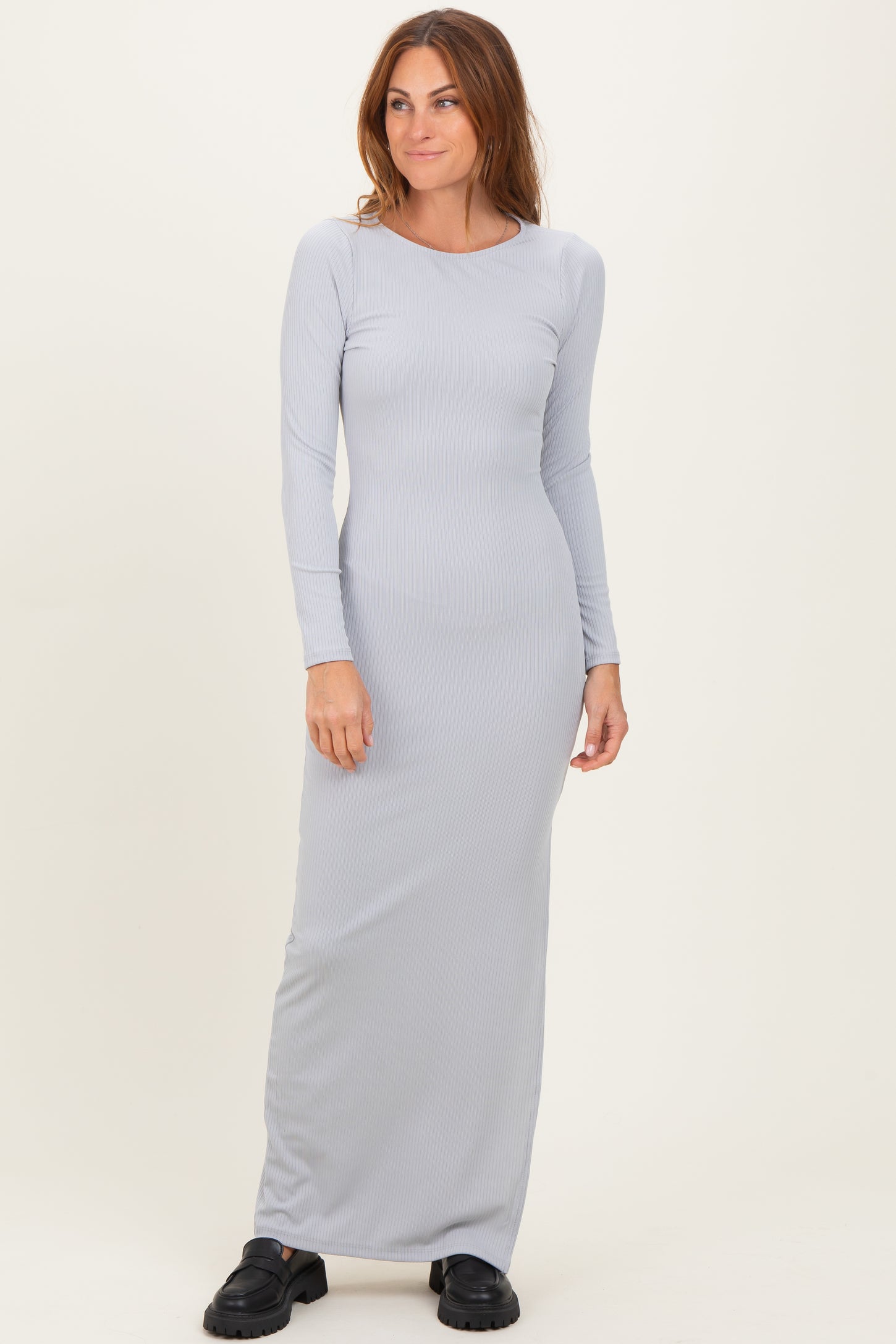 Light Grey Ribbed Long Sleeve Side Slit Maternity Maxi Dress Light Grey Ribbed Long Sleeve Side Slit Maternity Maxi Dress