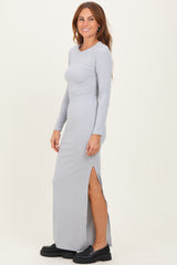 Light Grey Ribbed Long Sleeve Side Slit Maxi Dress