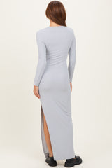 Light Grey Ribbed Long Sleeve Side Slit Maxi Dress