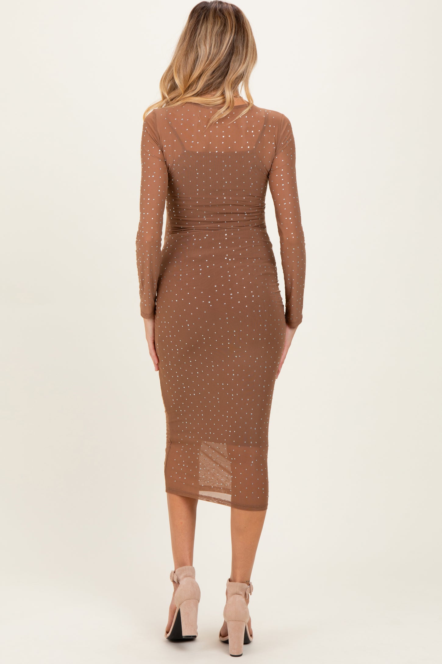Mocha Rhinestone Mesh Long Sleeve Maternity Midi Dress