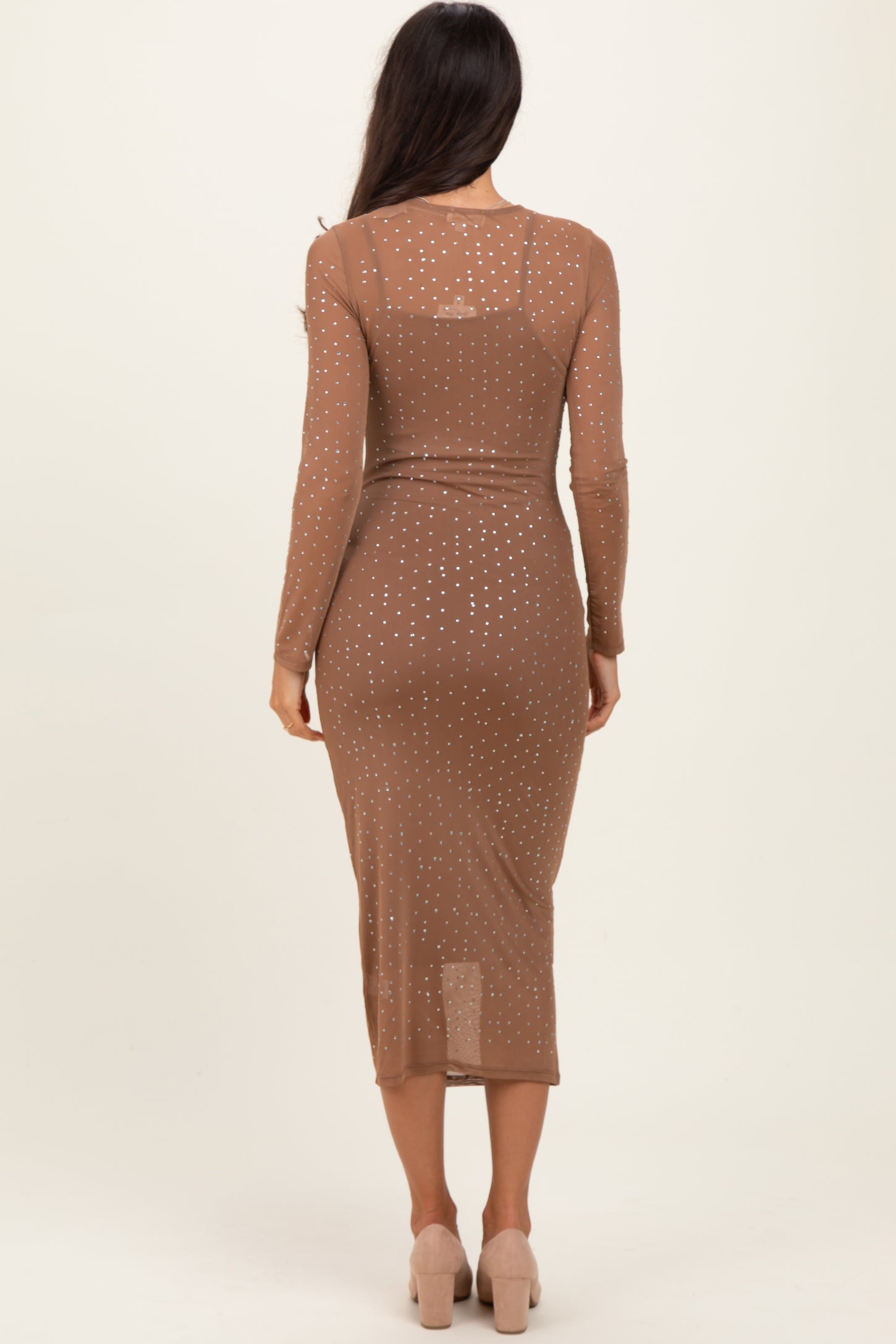 Mocha Rhinestone Mesh Long Sleeve Midi Dress Mocha Rhinestone Mesh Long Sleeve Midi Dress