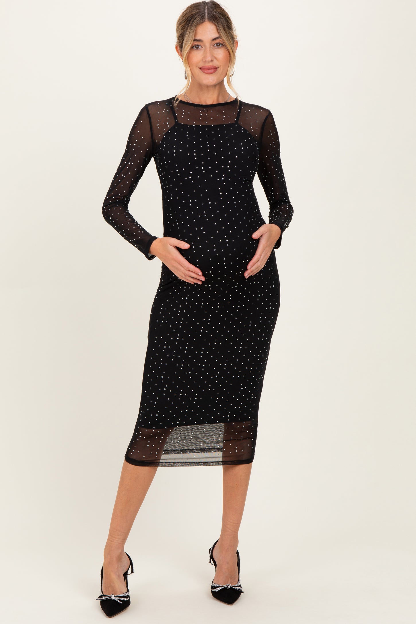 Black Rhinestone Mesh Long Sleeve Maternity Midi Dress PinkBlush Black Rhinestone Mesh Long Sleeve Maternity Midi Dress PinkBlush