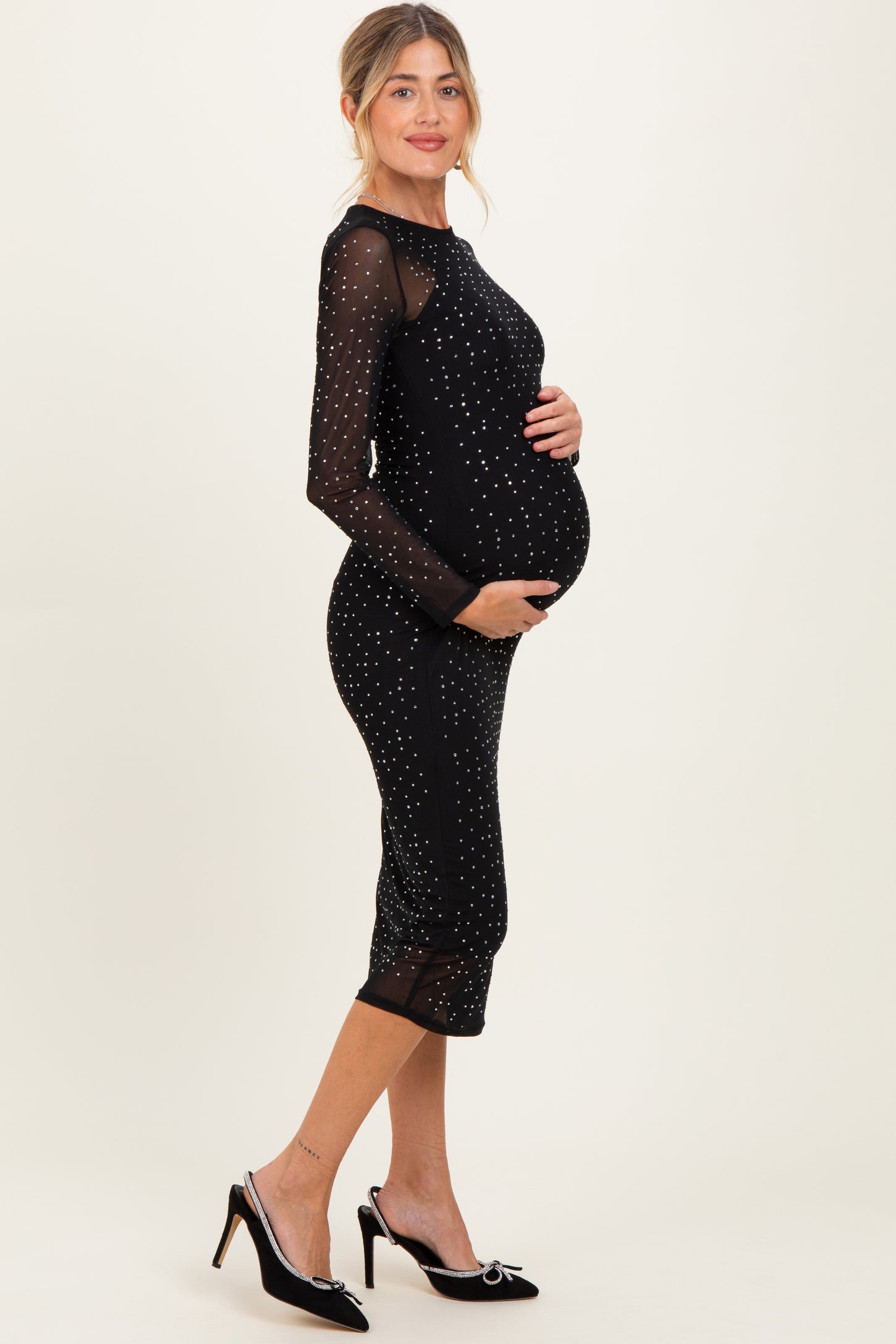 Black Rhinestone Mesh Long Sleeve Maternity Midi Dress PinkBlush Black Rhinestone Mesh Long Sleeve Maternity Midi Dress PinkBlush