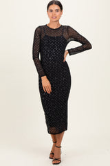 Black Rhinestone Mesh Long Sleeve Maternity Midi Dress