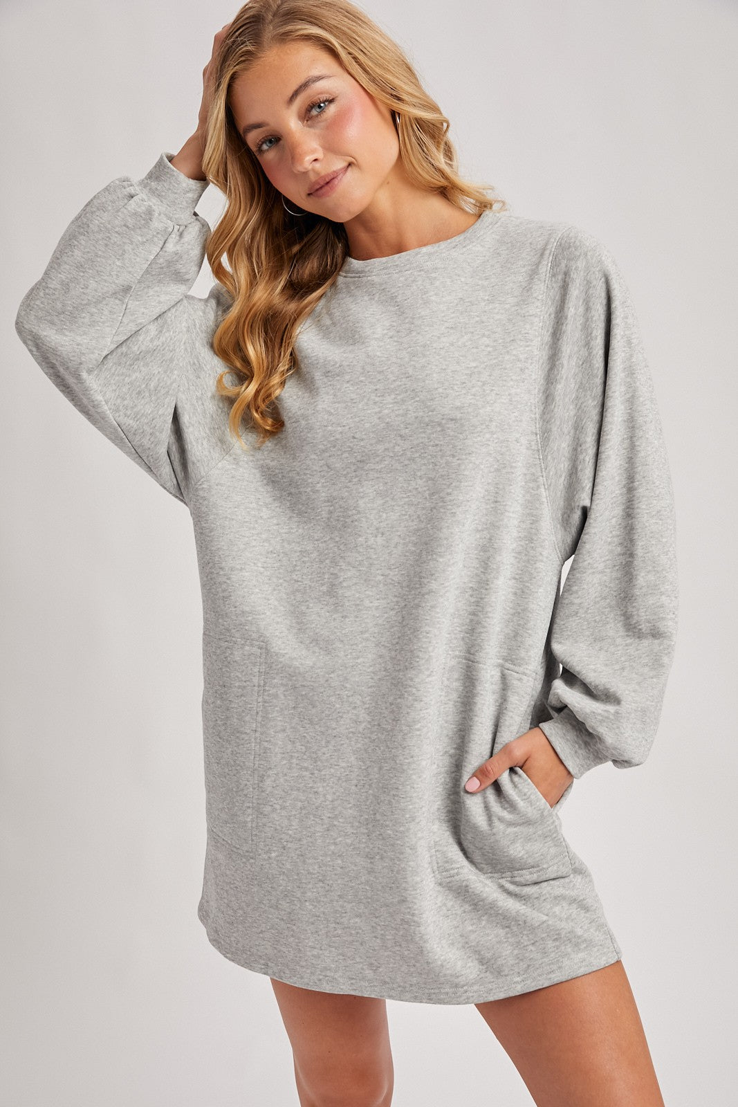 Heather Grey Bubble Sleeve Sweatshirt Mini Dress