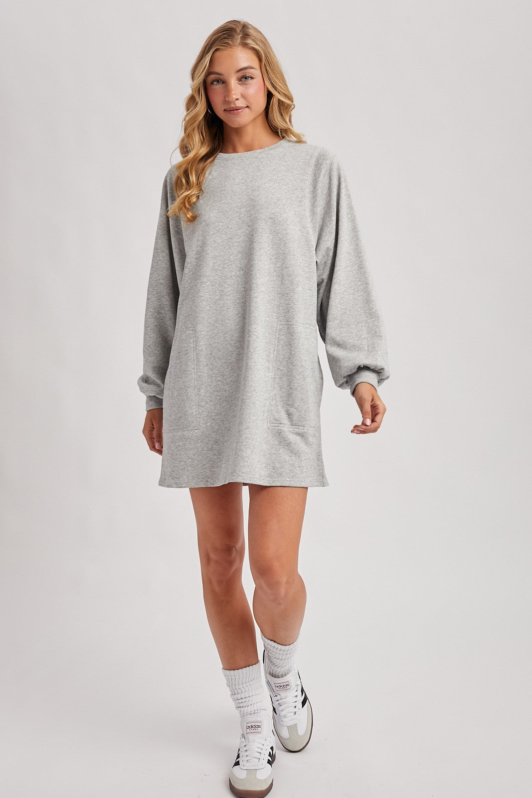 Heather Grey Bubble Sleeve Sweatshirt Mini Dress