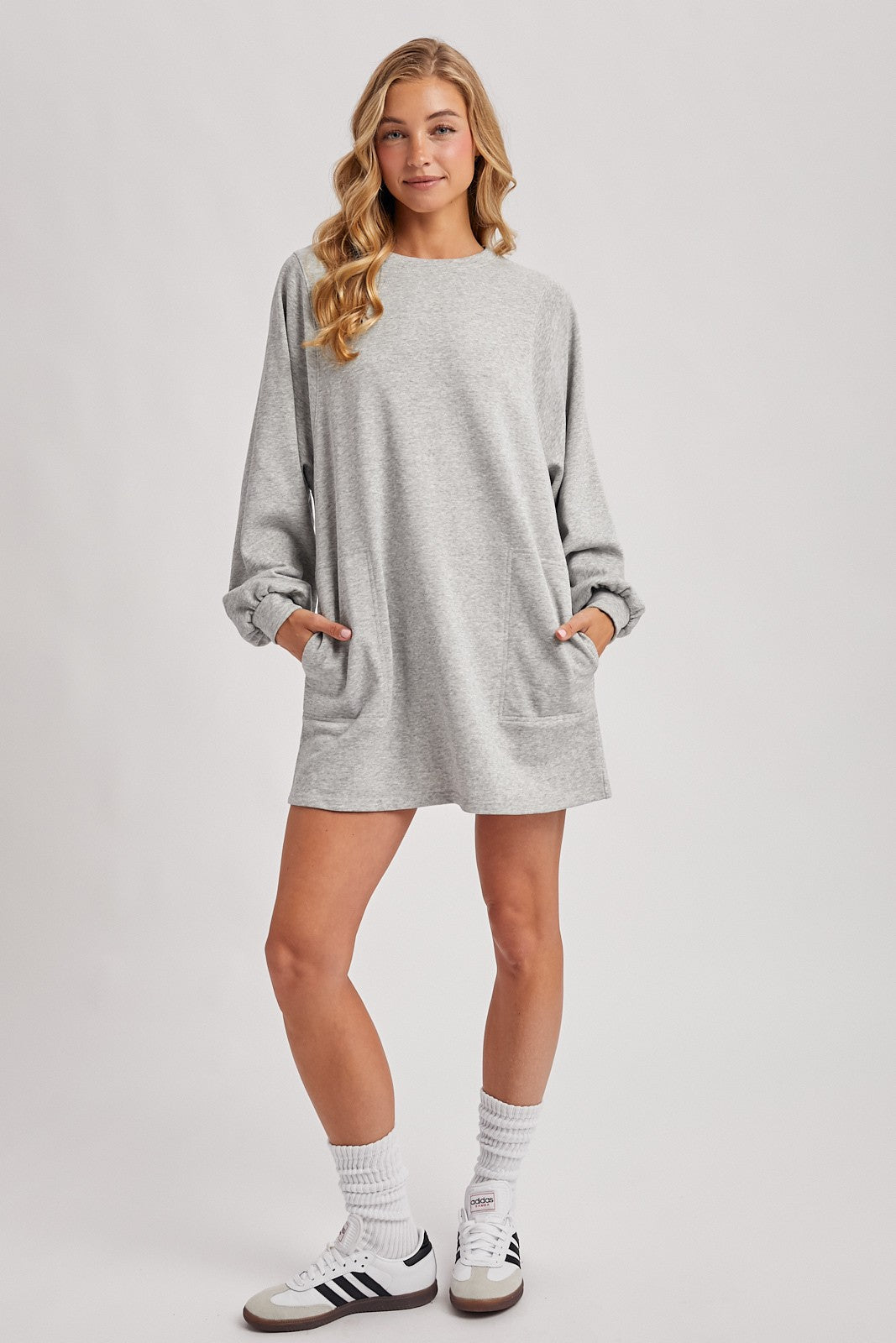 Heather Grey Bubble Sleeve Sweatshirt Mini Dress Heather Grey Bubble Sleeve Sweatshirt Mini Dress