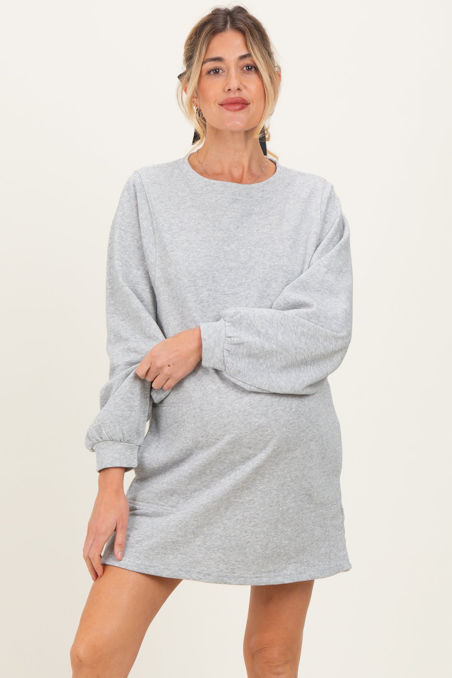 Heather Grey Bubble Sleeve Maternity Sweatshirt Mini Dress