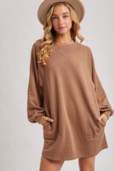 Mocha Bubble Sleeve Maternity Sweatshirt Mini Dress