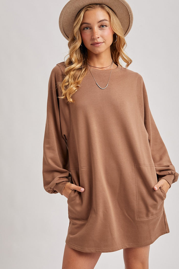 Mocha Bubble Sleeve Maternity Sweatshirt Mini Dress