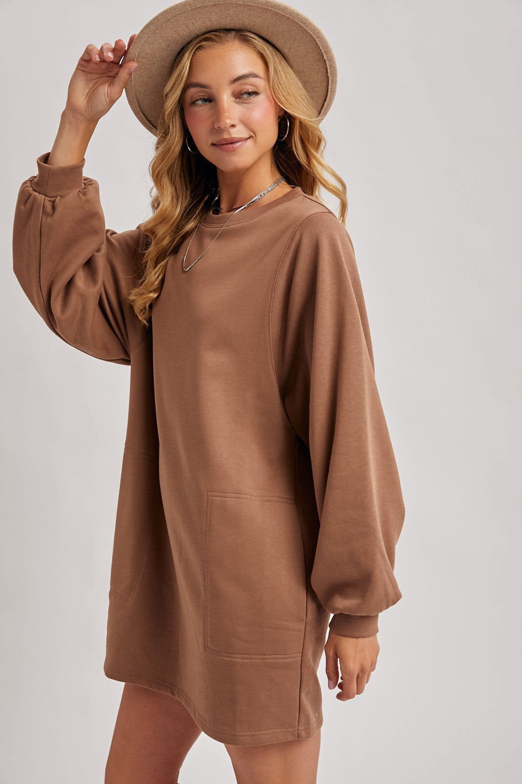 Mocha Bubble Sleeve Sweatshirt Mini Dress