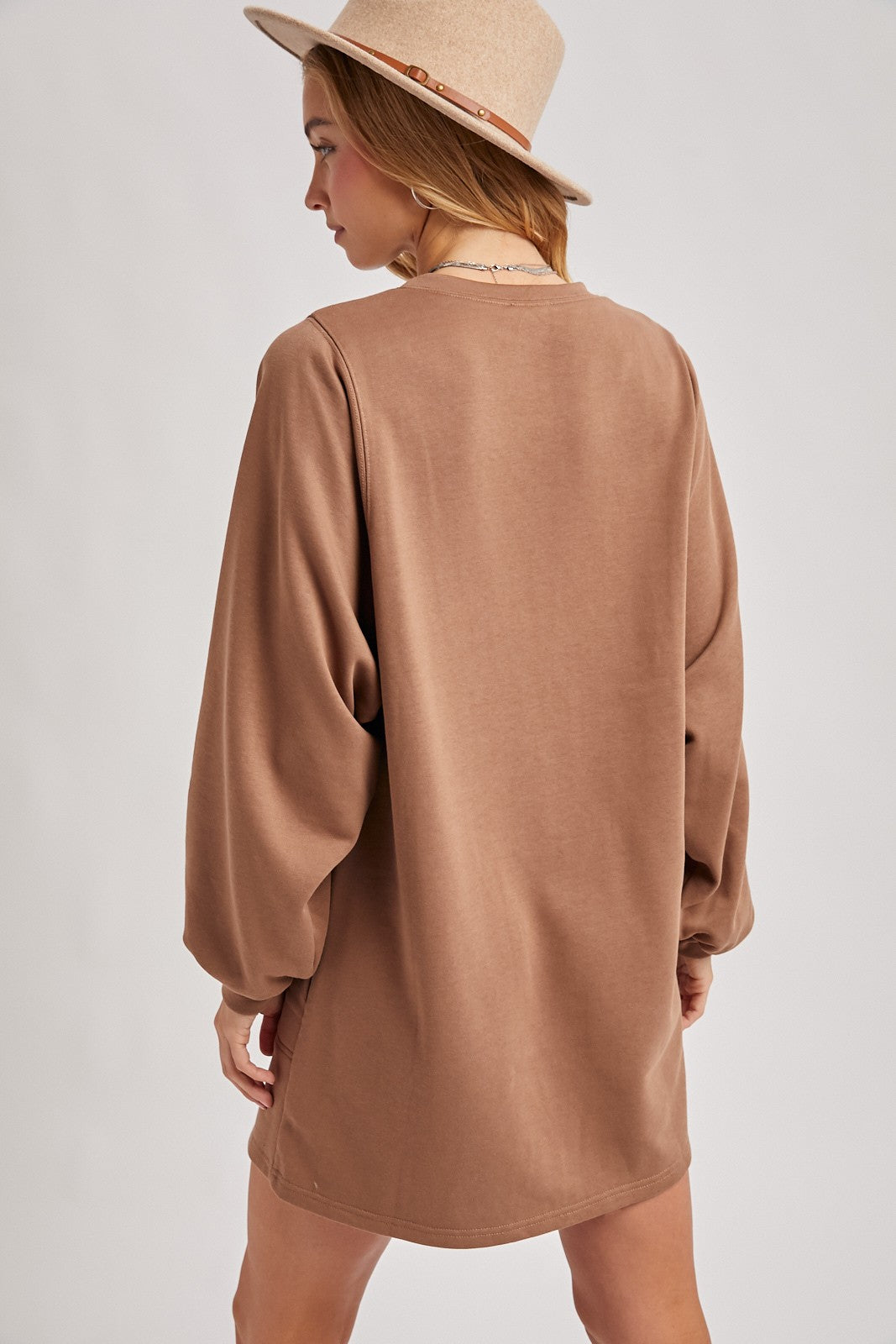 Mocha Bubble Sleeve Sweatshirt Mini Dress