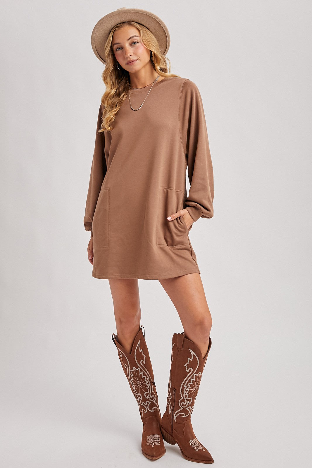 Mocha Bubble Sleeve Sweatshirt Mini Dress