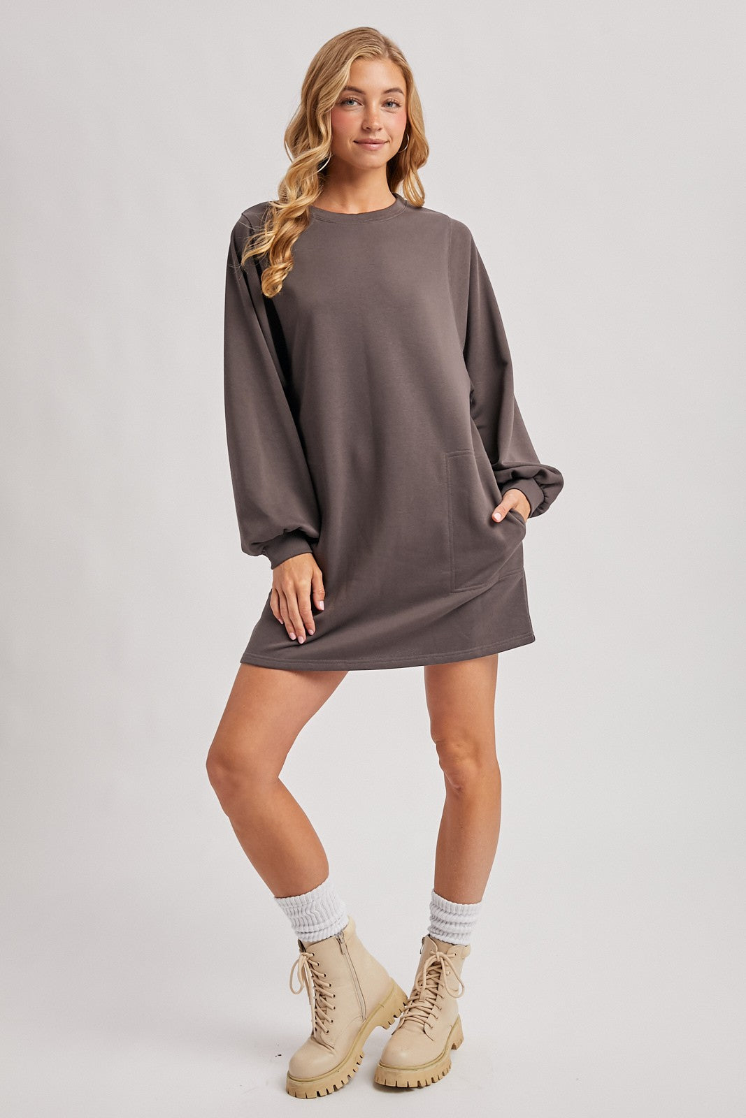Charcoal Bubble Sleeve Sweatshirt Mini Dress