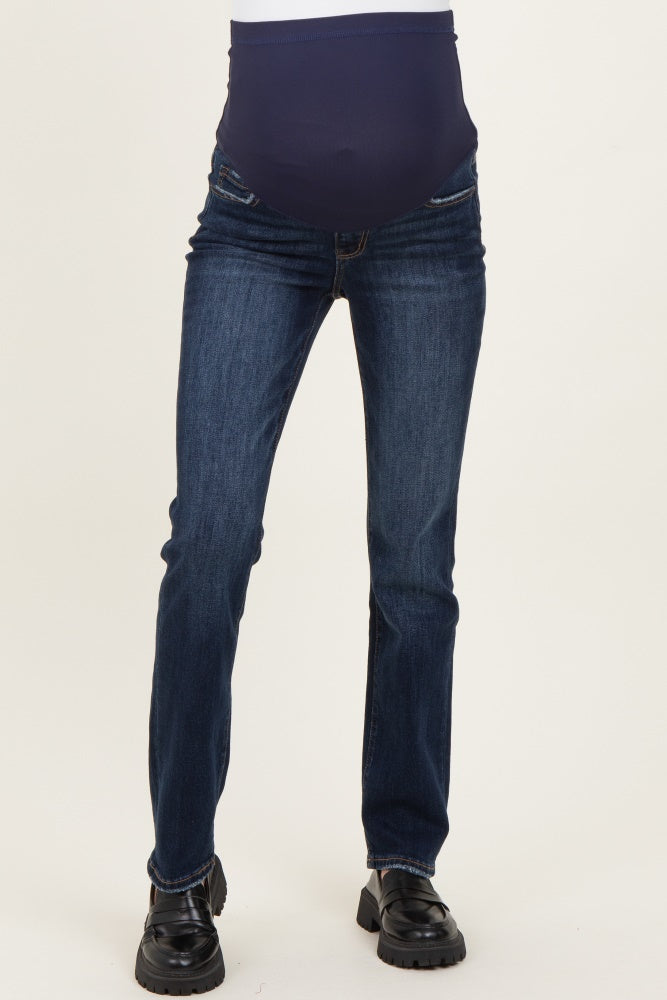 Navy Blue Distressed Hem Slim Straight Leg Maternity Jeans