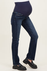 Navy Blue Distressed Hem Slim Straight Leg Maternity Jeans