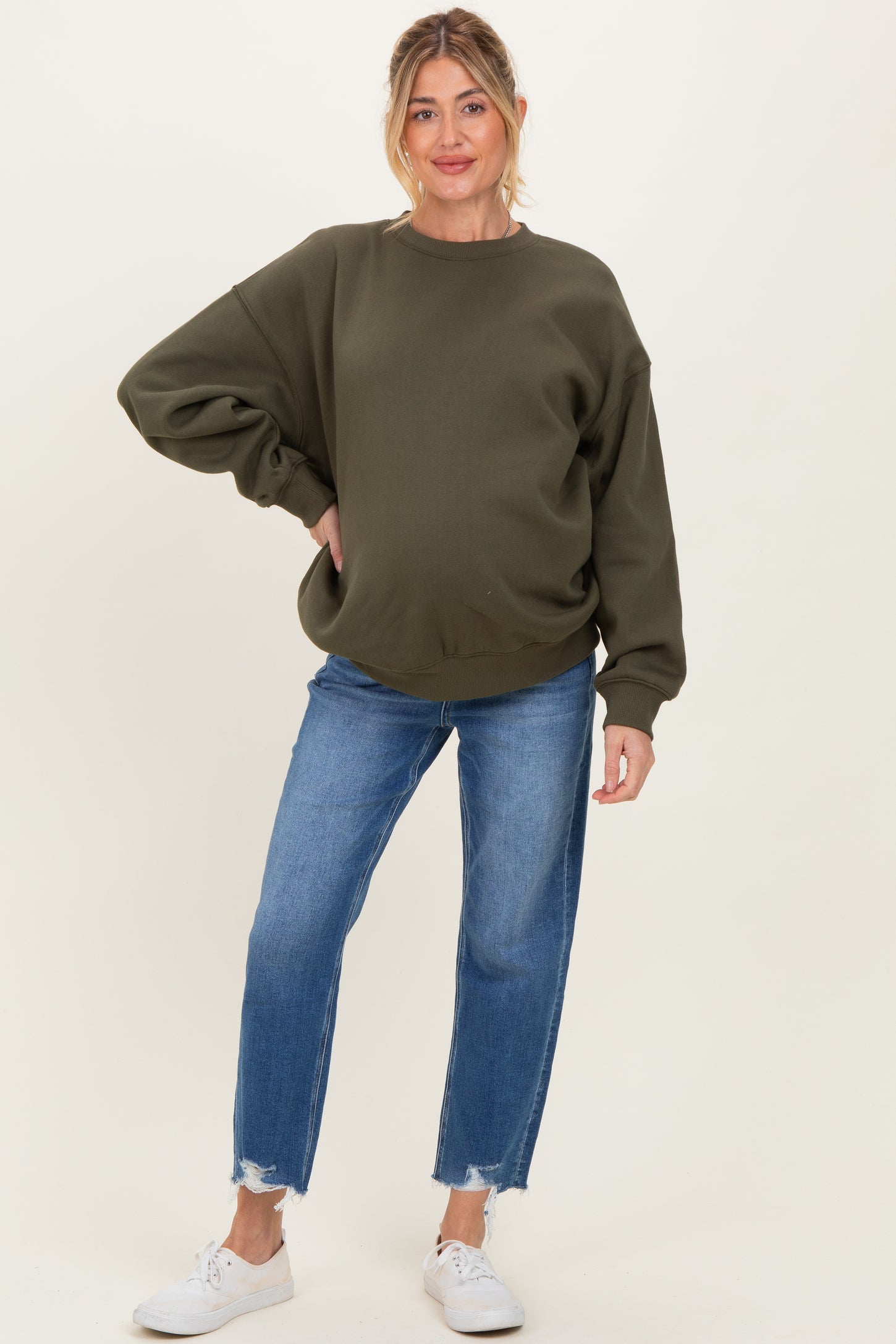 Blue Frayed Hem Cropped Straight Leg Maternity Jeans