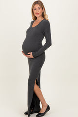 Charcoal Ribbed Long Sleeve Side Slit Maternity Maxi Dress
