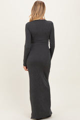 Charcoal Ribbed Long Sleeve Side Slit Maternity Maxi Dress