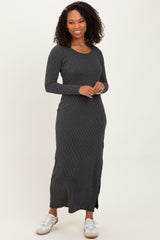 Charcoal Ribbed Long Sleeve Side Slit Maxi Dress