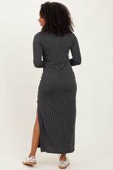 Charcoal Ribbed Long Sleeve Side Slit Maxi Dress