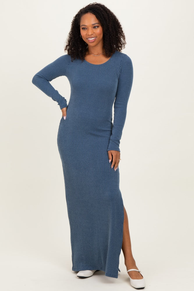 green emerald velvet dress Navy Ribbed Long Sleeve Side Slit Maxi Dress – PinkBlush