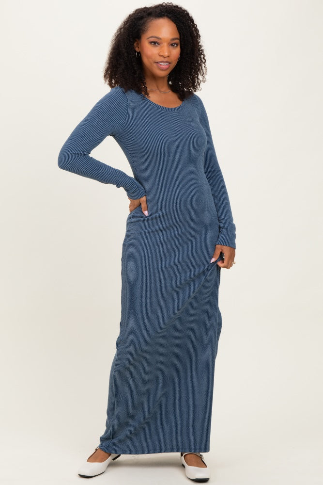 Navy Ribbed Long Sleeve Side Slit Maxi Dress