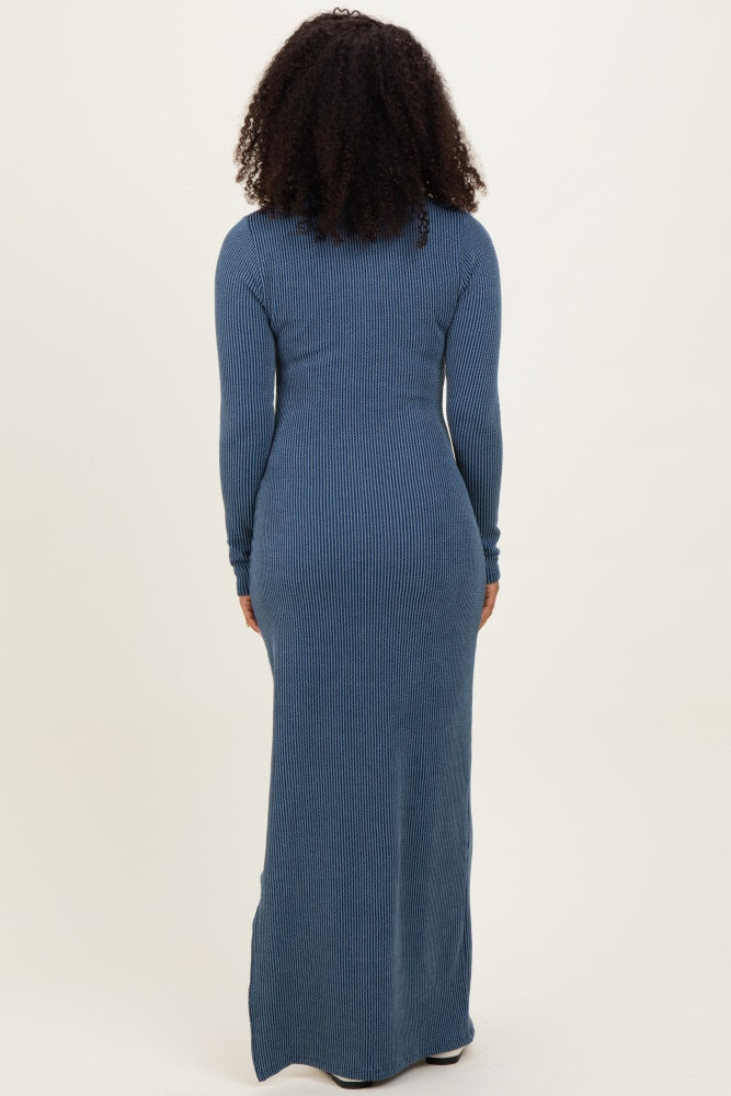 Navy Ribbed Long Sleeve Side Slit Maxi Dress