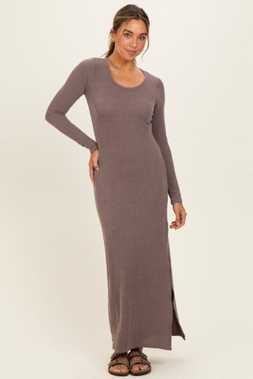 Brown Ribbed Long Sleeve Side Slit Maxi Dress