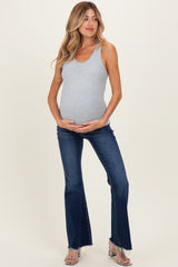 Navy Asymmetrical Frayed Hem Maternity Flare Jeans