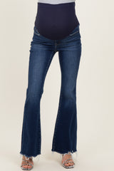 Navy Asymmetrical Frayed Hem Maternity Flare Jeans