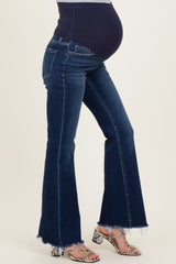 Navy Asymmetrical Frayed Hem Maternity Flare Jeans