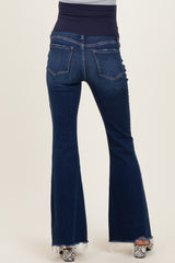 Navy Asymmetrical Frayed Hem Maternity Flare Jeans