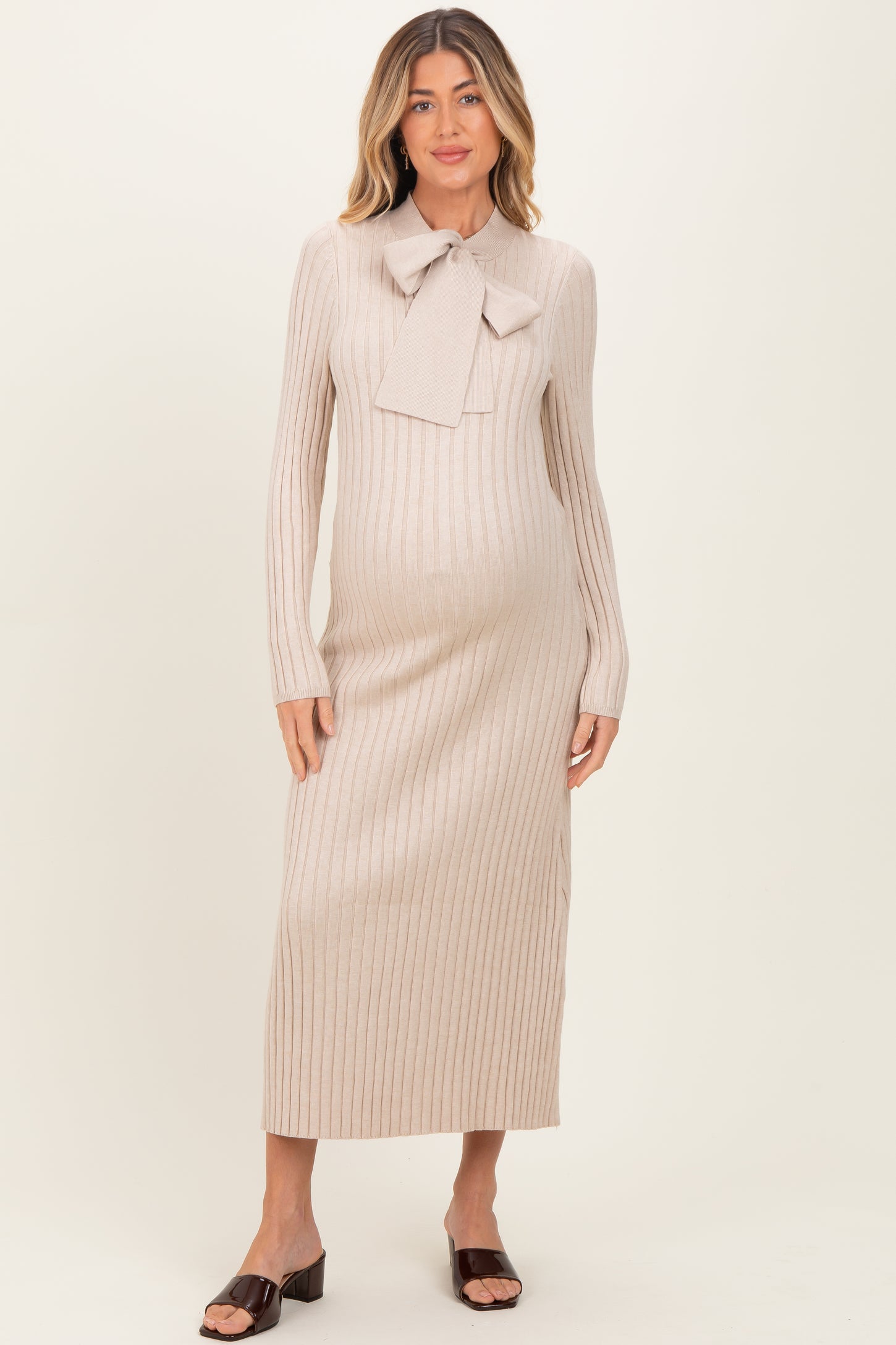 beige maternity dress Beige Pleated Knotted Long Sleeve Maternity Dress PinkBlush