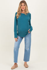 Blue Distressed Raw Hem Cropped Straight Leg Maternity Jeans