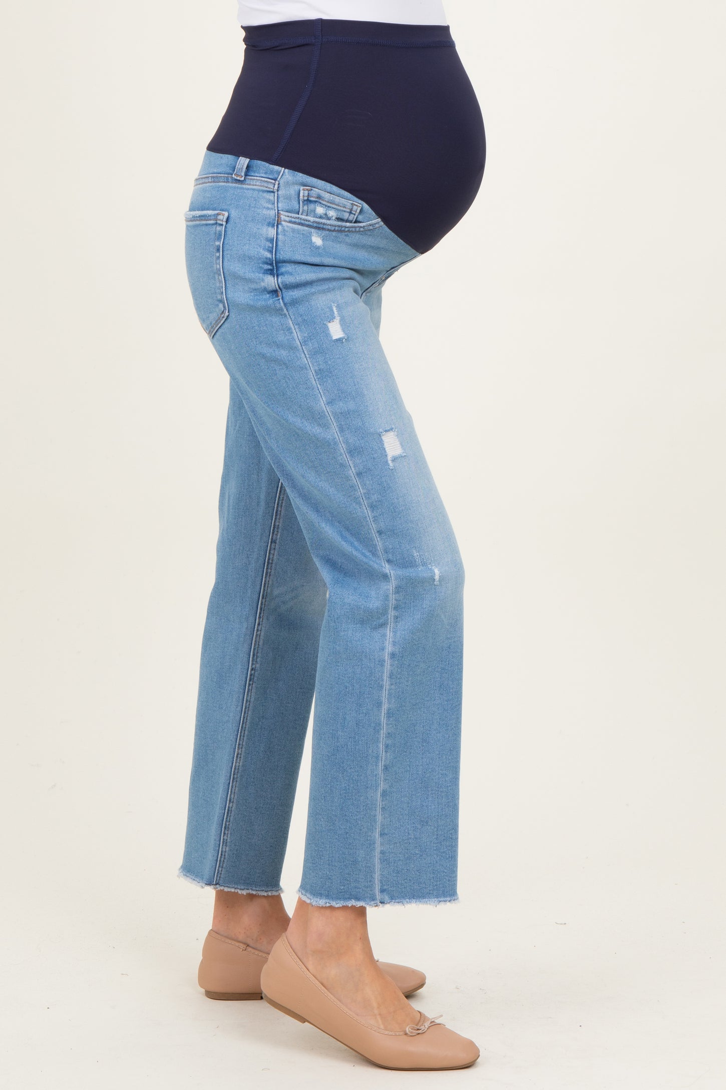 Blue Distressed Raw Hem Cropped Straight Leg Maternity Jeans
