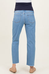 Blue Distressed Raw Hem Cropped Straight Leg Maternity Jeans
