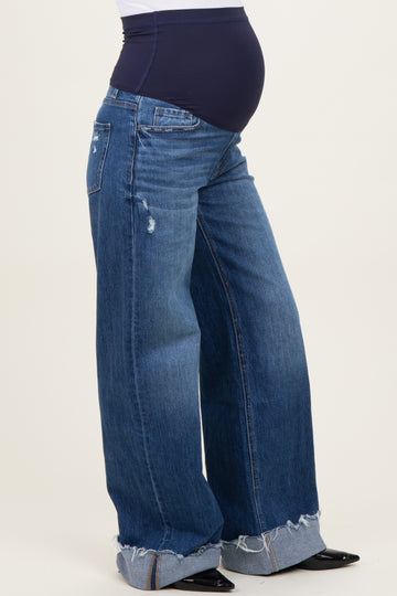 Navy Distressed Cuffed Baggy Wide Leg Maternity Jeans