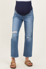 Blue Distressed Open Knee Ankle Straight Leg Maternity Jeans