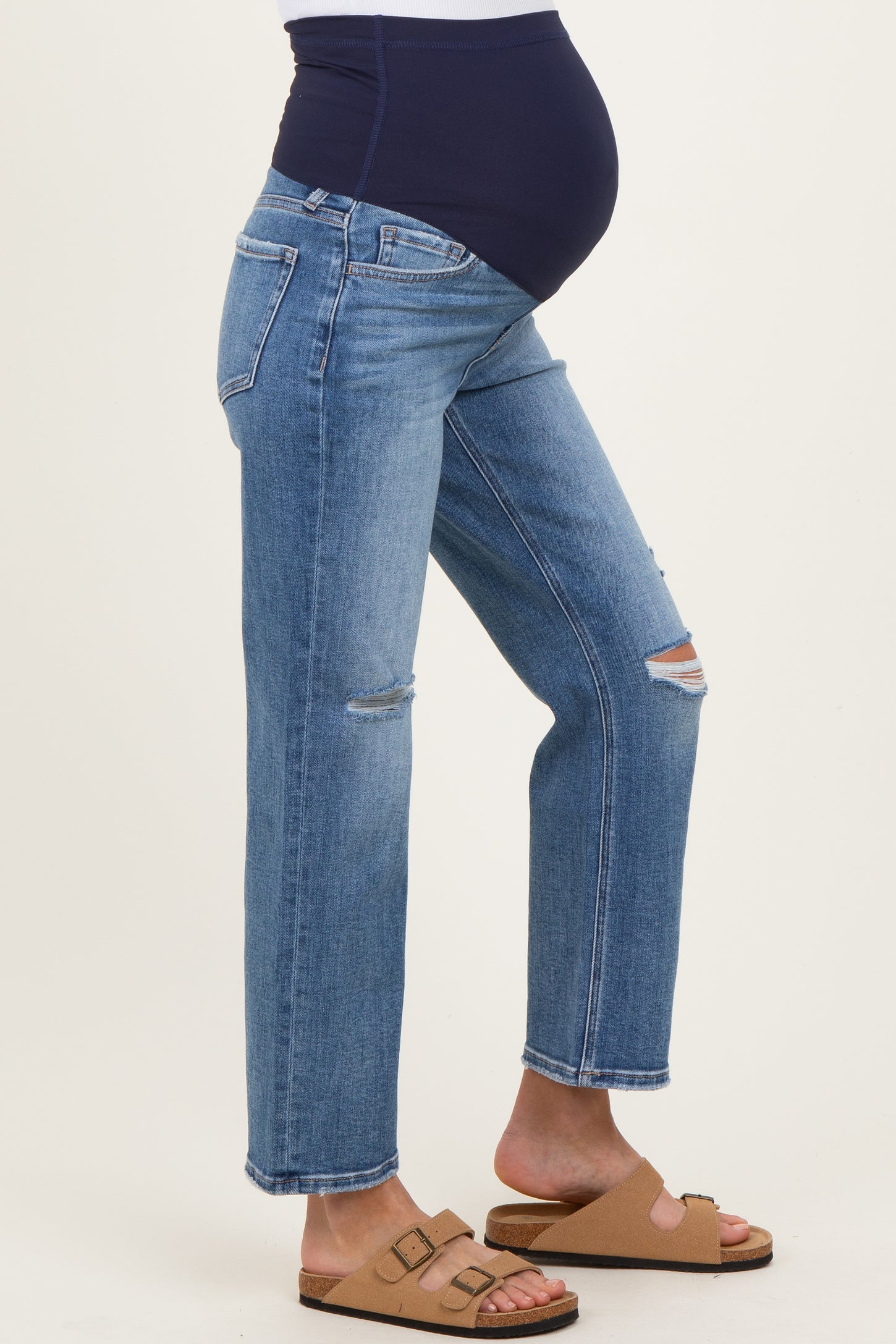 Blue Distressed Open Knee Ankle Straight Leg Maternity Jeans