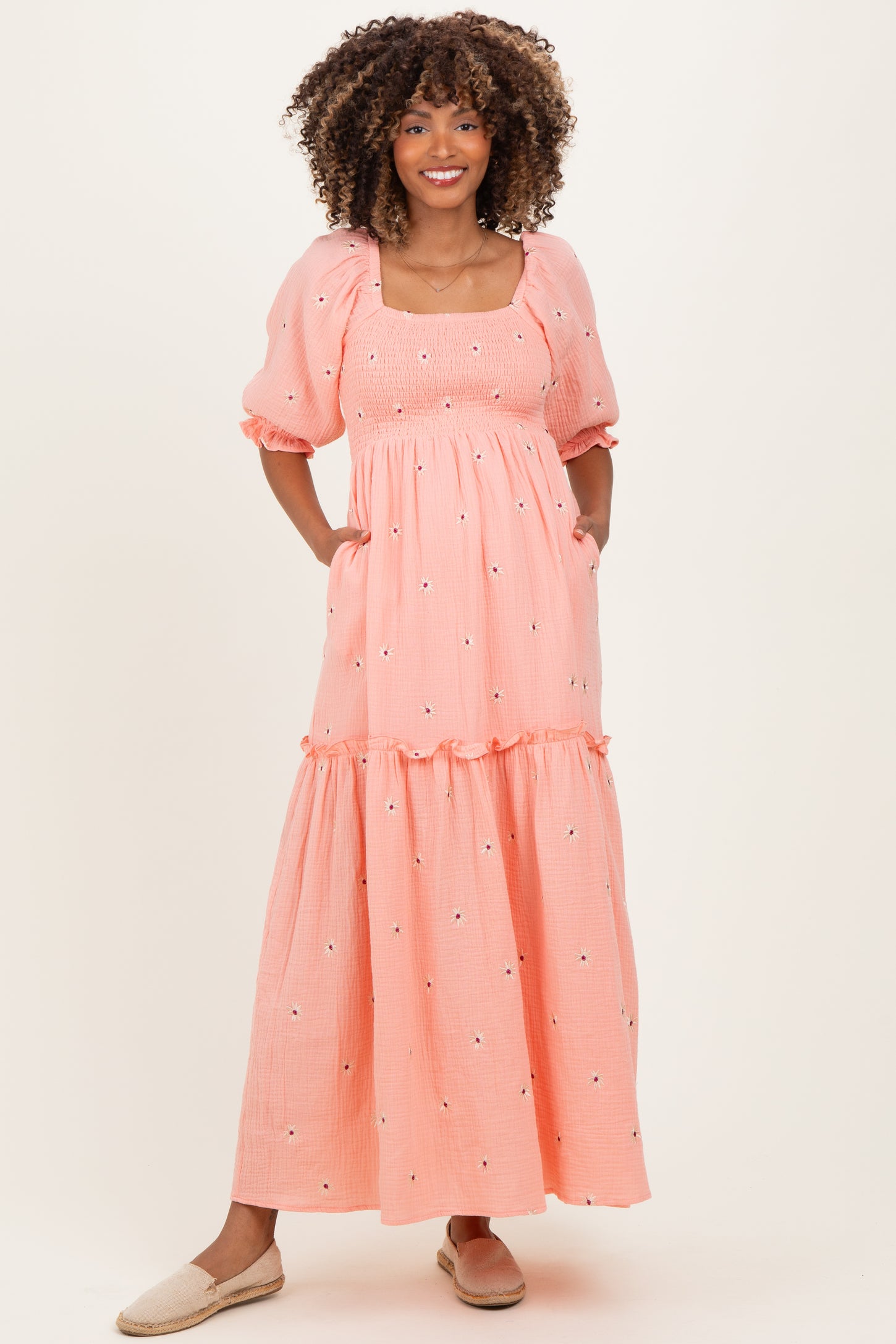Light Pink Floral Smocked Puff Sleeve Maternity Maxi Dress