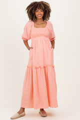 Light Pink Floral Smocked Puff Sleeve Maternity Maxi Dress
