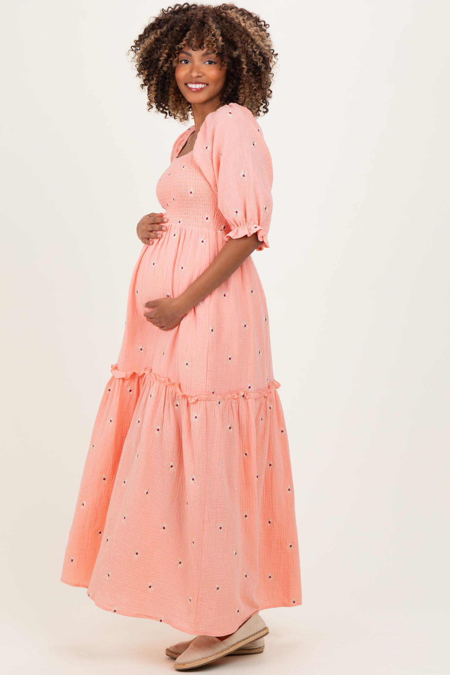 Light Pink Floral Smocked Puff Sleeve Maternity Maxi Dress