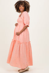 Light Pink Floral Smocked Puff Sleeve Maternity Maxi Dress