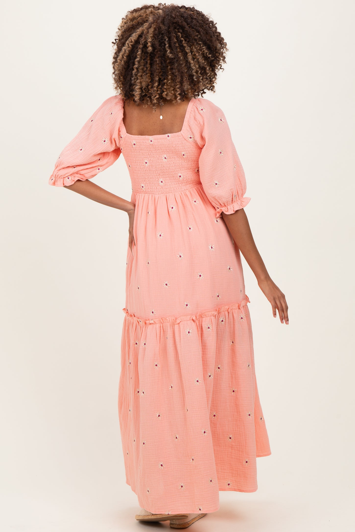Light Pink Floral Smocked Puff Sleeve Maternity Maxi Dress