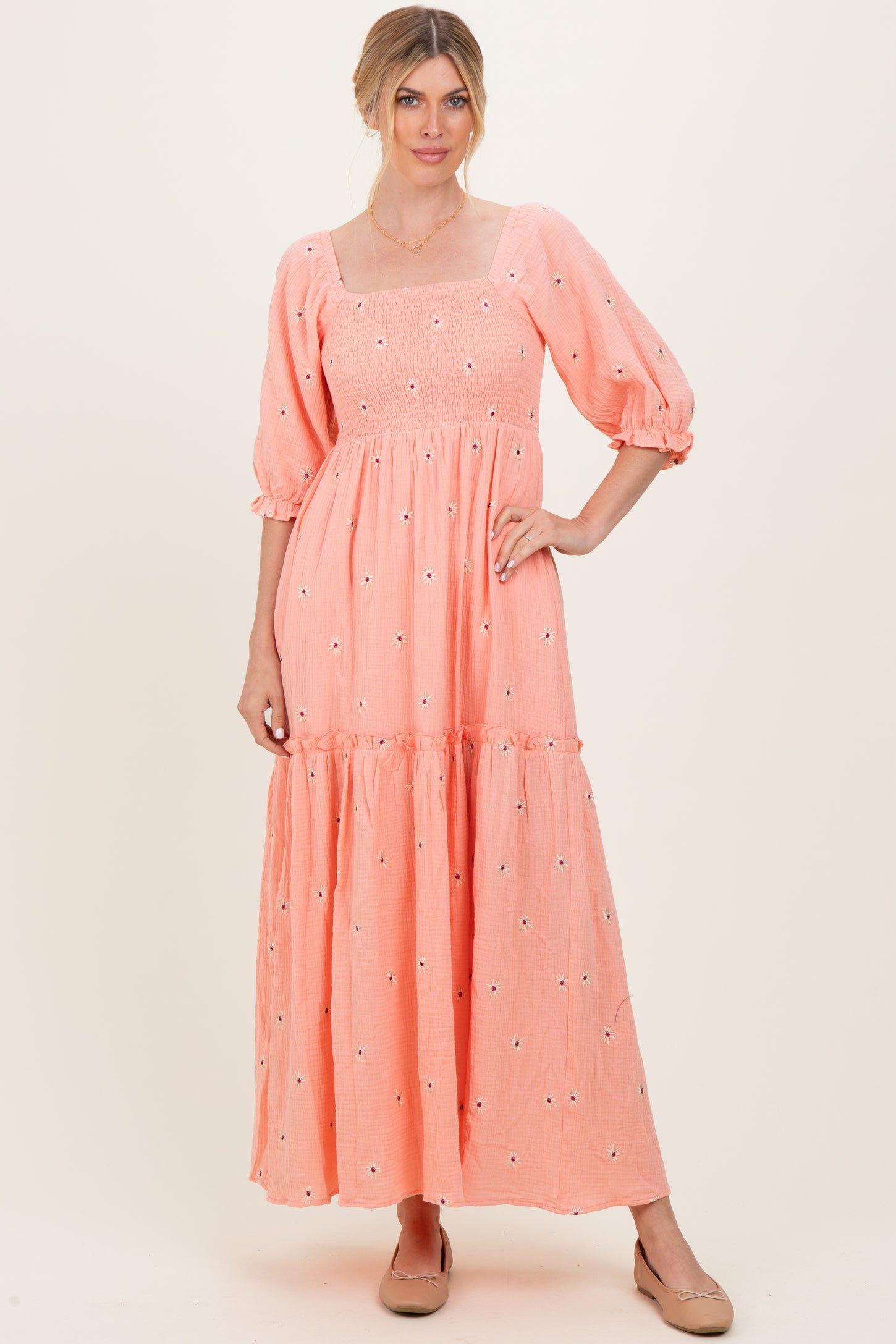 Light Pink Floral Smocked Puff Sleeve Maternity Maxi Dress