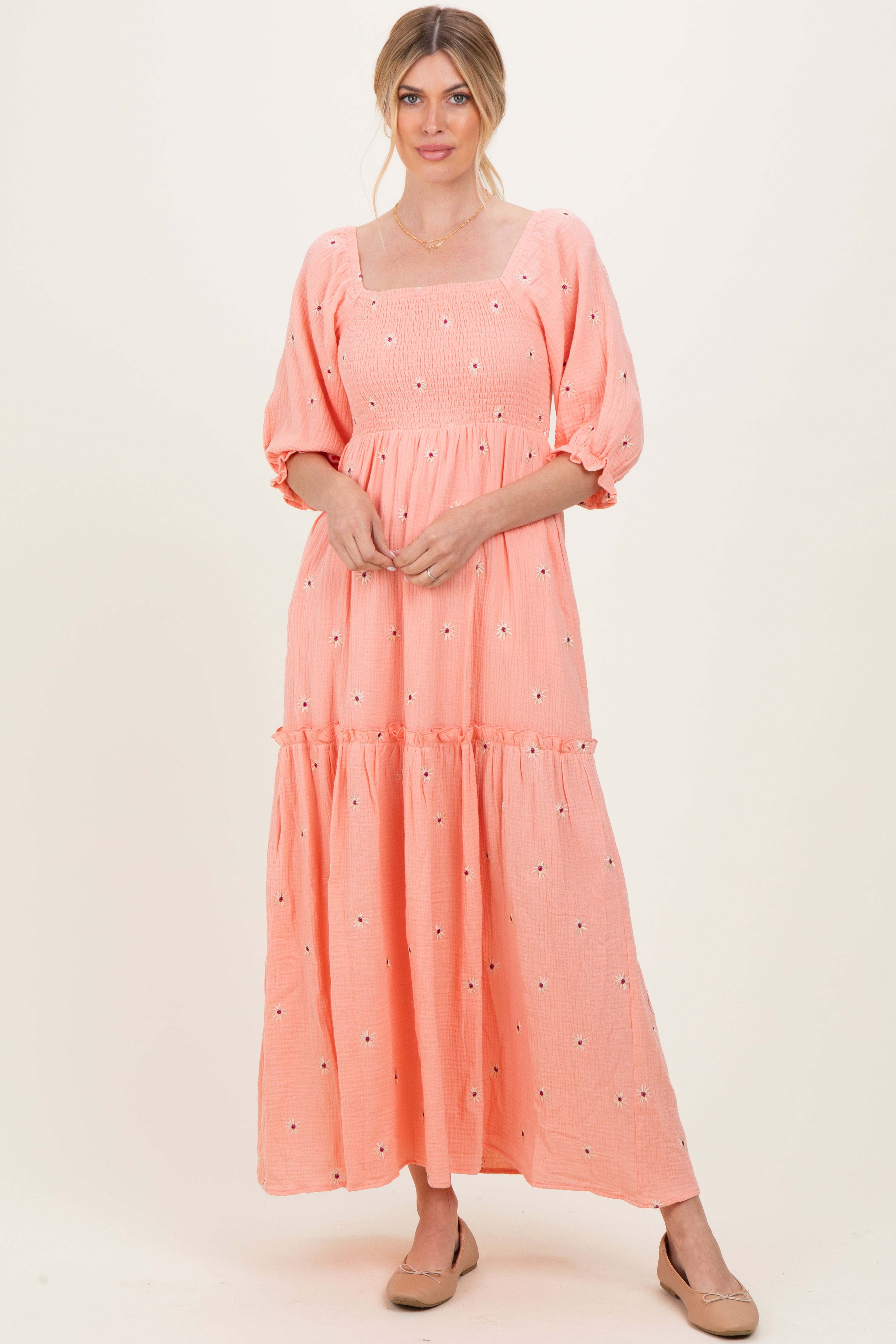 Light Pink Floral Smocked Puff Sleeve Maxi Dress – PinkBlush